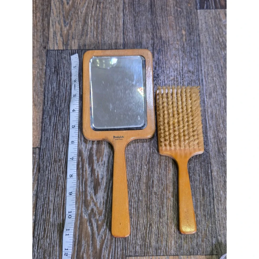 Vintage Prophylactic Wood Vanity Set Hand Mirror & Hair Brush Folk Art Lady USA